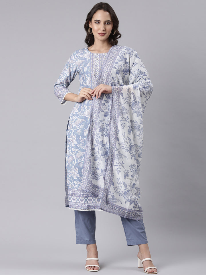 Blue Rayon Printed Three Piece Set