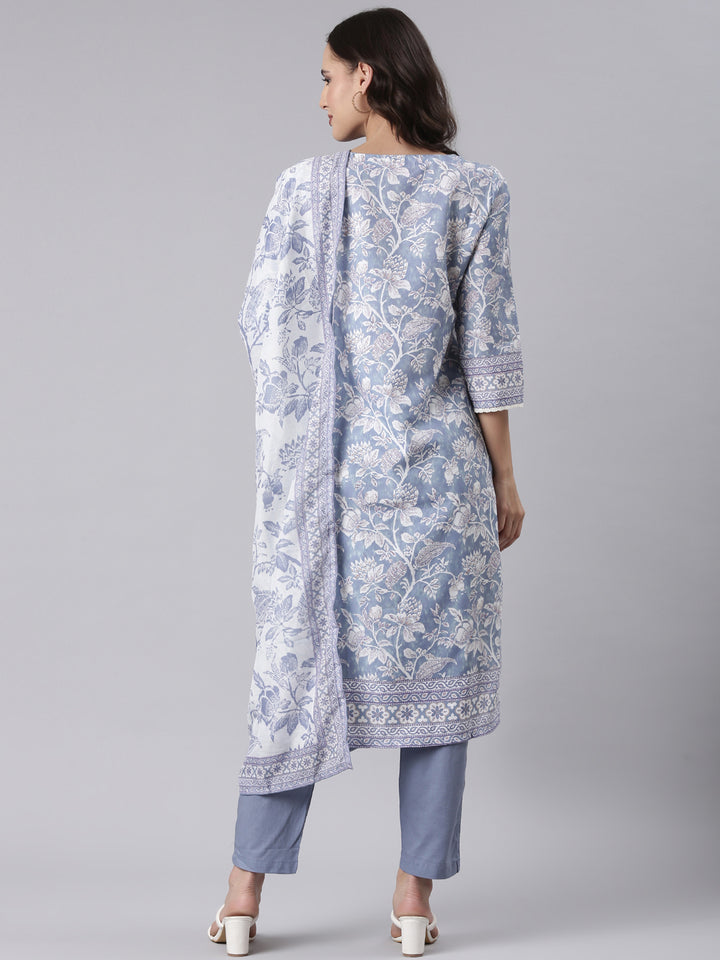 Blue Rayon Printed Three Piece Set