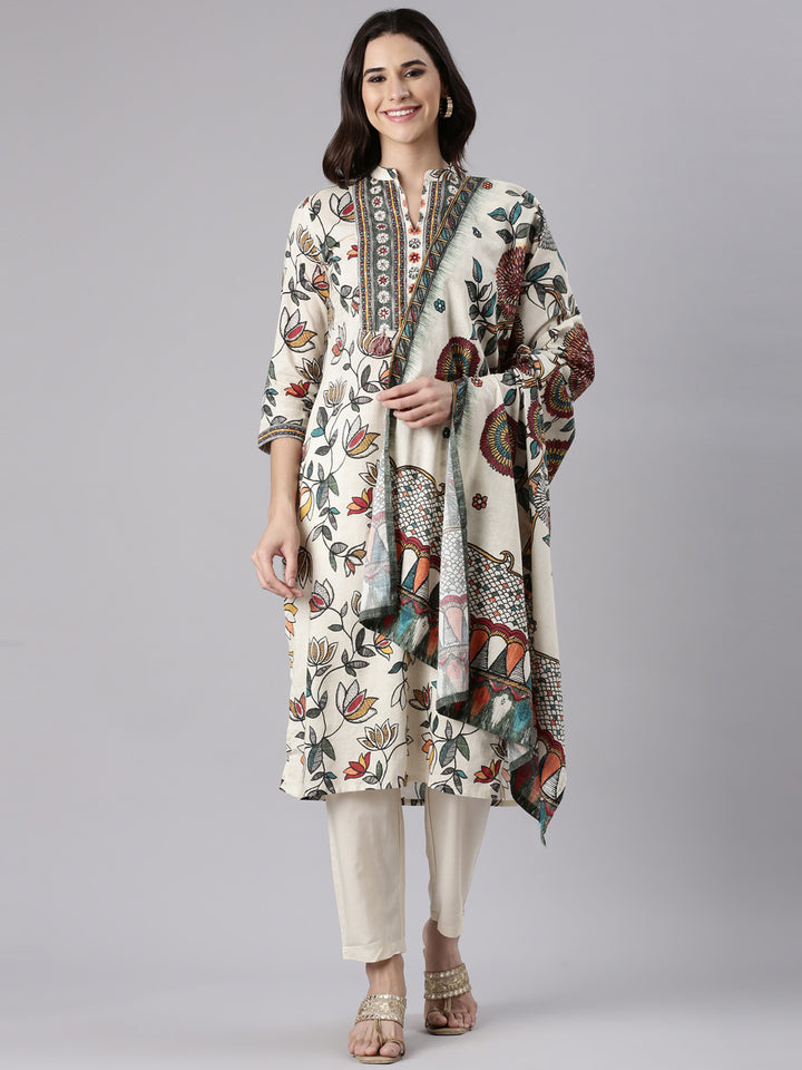 L Beige Slub Rayon Printed Three Piece Set