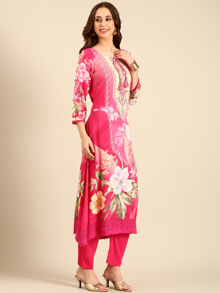 Floral printed three piece suit set with sequins embroidery