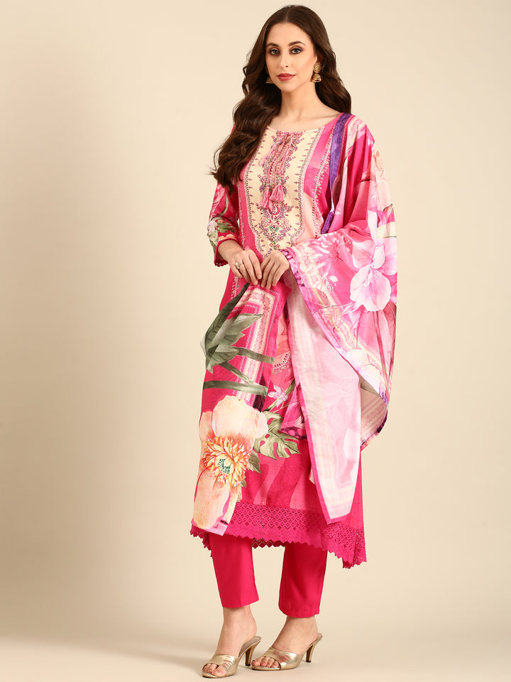 Floral printed three piece suit set with sequins embroidery
