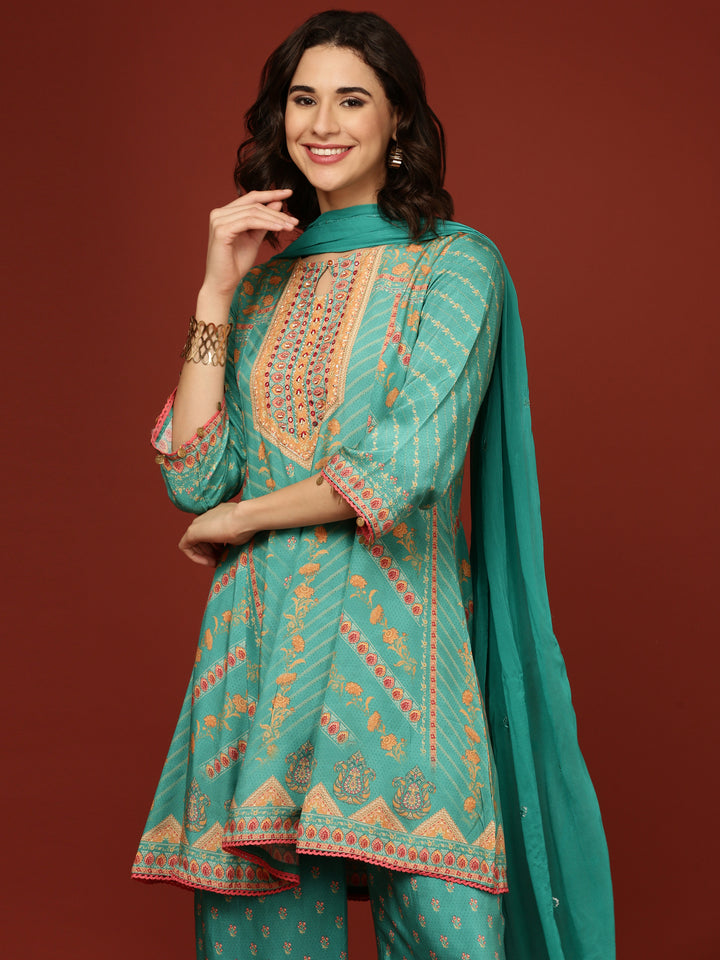 Sea Green Crepe Printed Three Piece Set