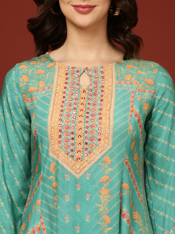 Sea Green Crepe Printed Three Piece Set