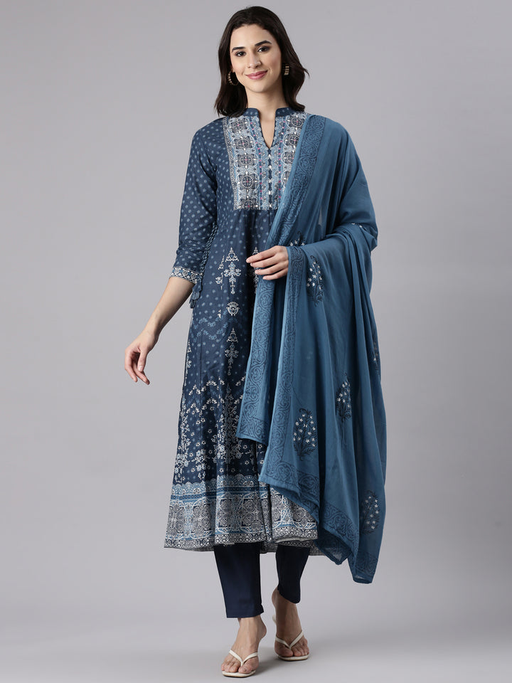 Indigo Cotton Printed Anarkali Three Piece Set