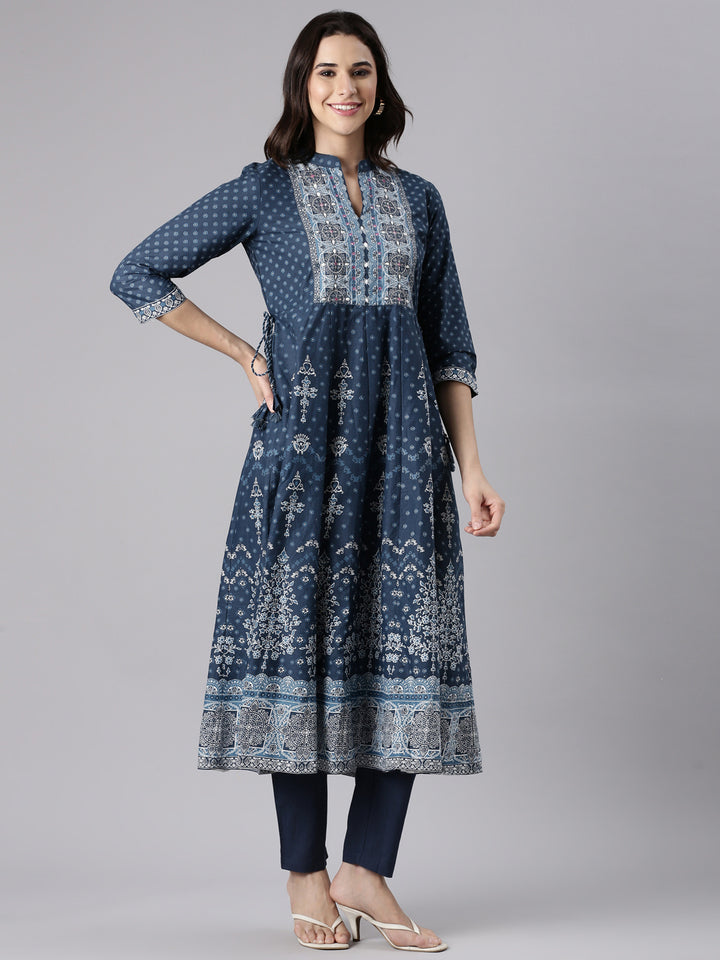 Indigo Cotton Printed Anarkali Three Piece Set