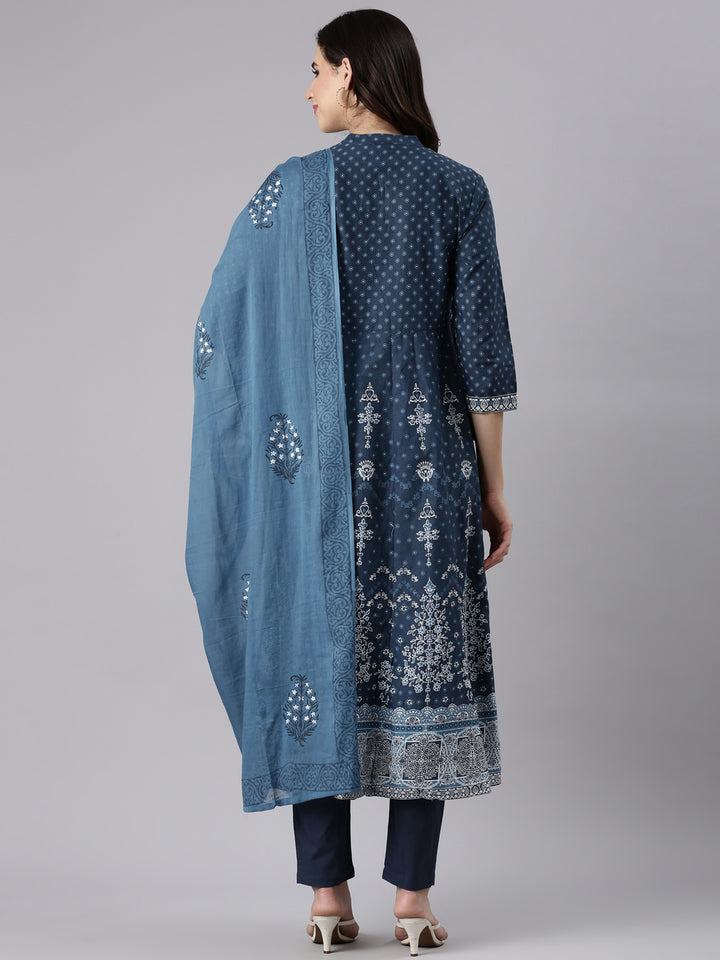 Indigo Cotton Printed Anarkali Three Piece Set