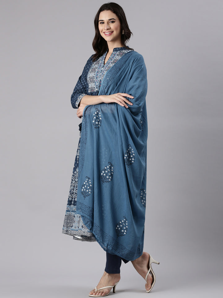 Indigo Cotton Printed Anarkali Three Piece Set