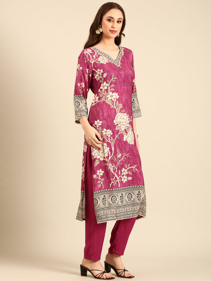 Magenta Muslin fabric three piece suit set