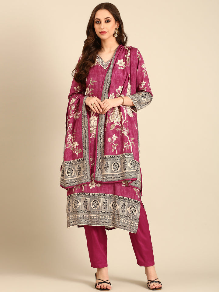 Magenta Muslin fabric three piece suit set