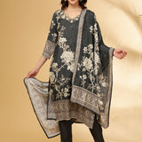 Grey Muslin Floral Printed Three Piece Set