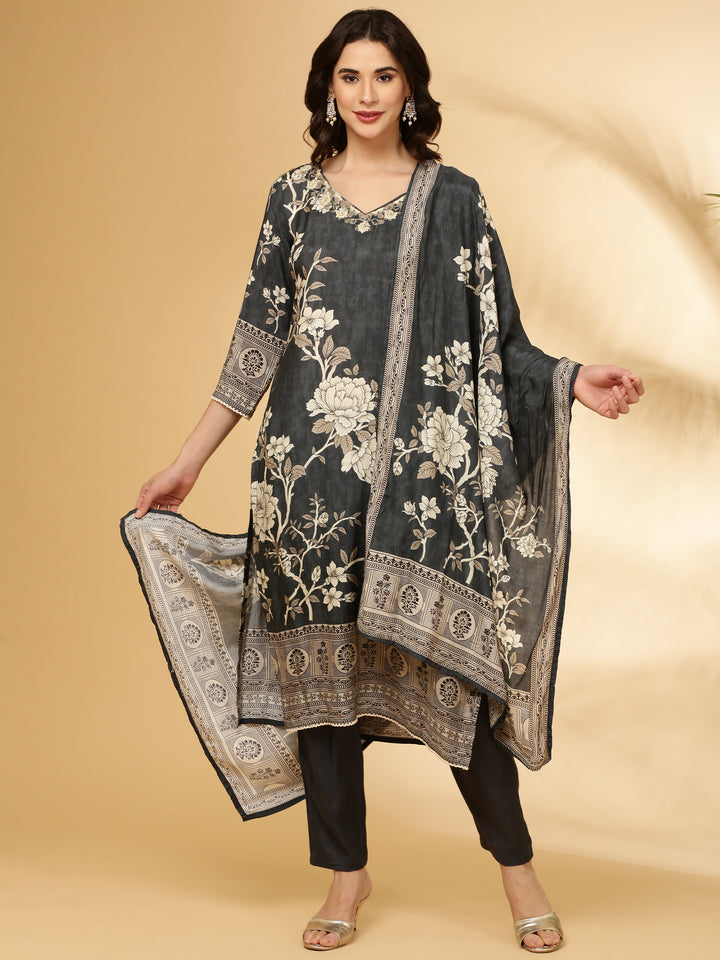 Grey Muslin Floral Printed Three Piece Set