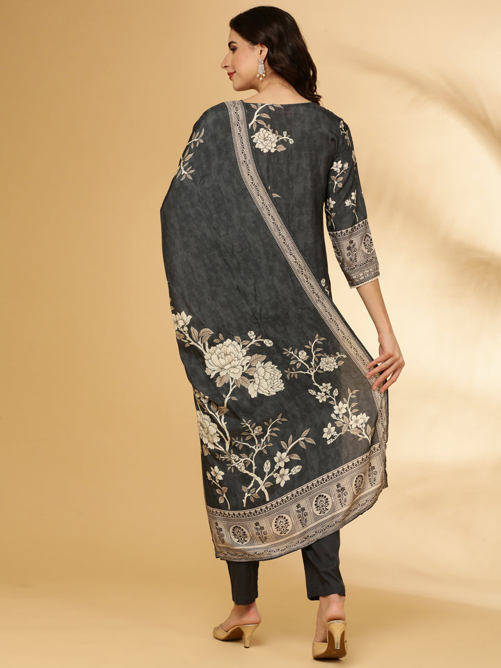 Grey Muslin Floral Printed Three Piece Set