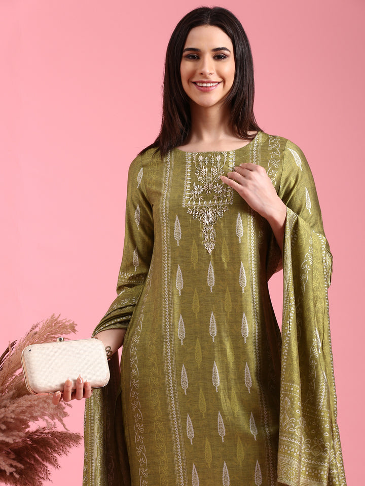 Green Organza Printed Embroidered Three Piece Set