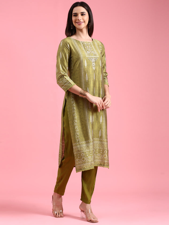 Green Organza Printed Embroidered Three Piece Set