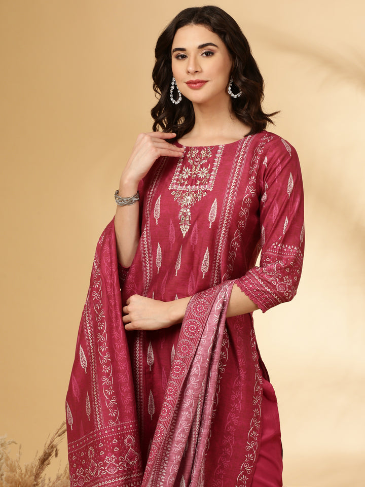 Wine Modal Silk Printed Three Piece Set