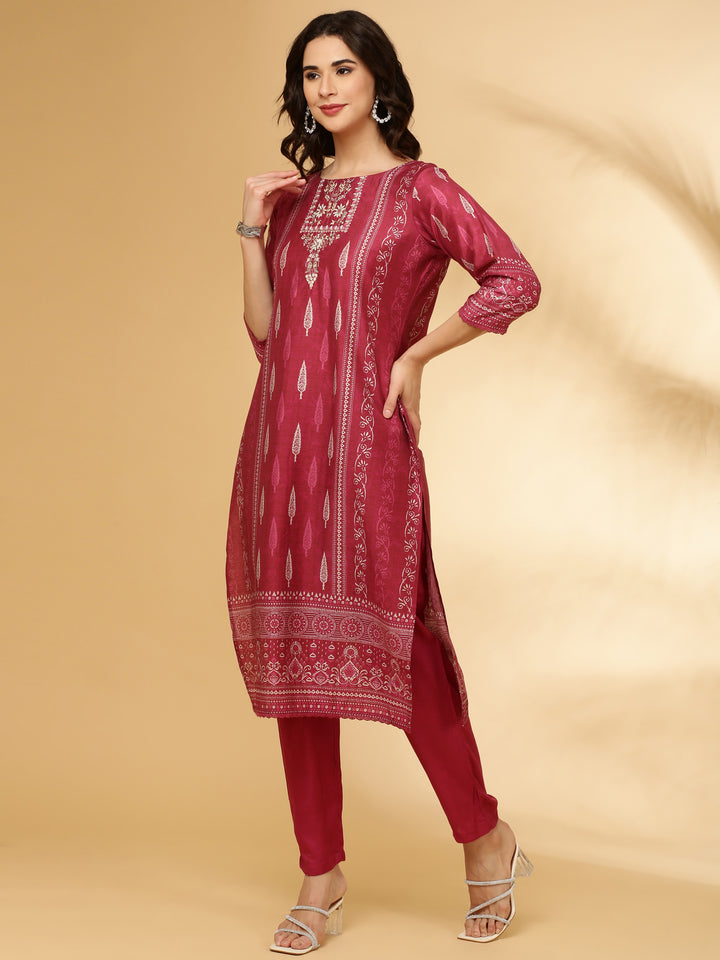 Wine Modal Silk Printed Three Piece Set