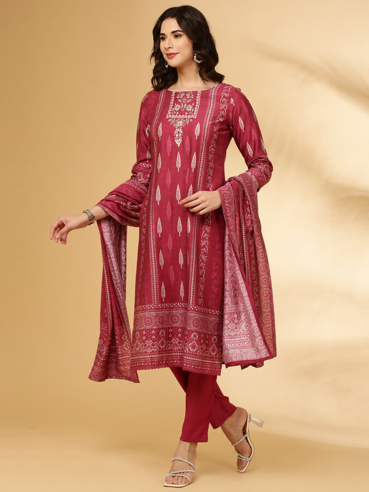 Wine Modal Silk Printed Three Piece Set