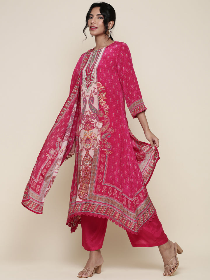 Pink Digital printed crepe Three piece suit set