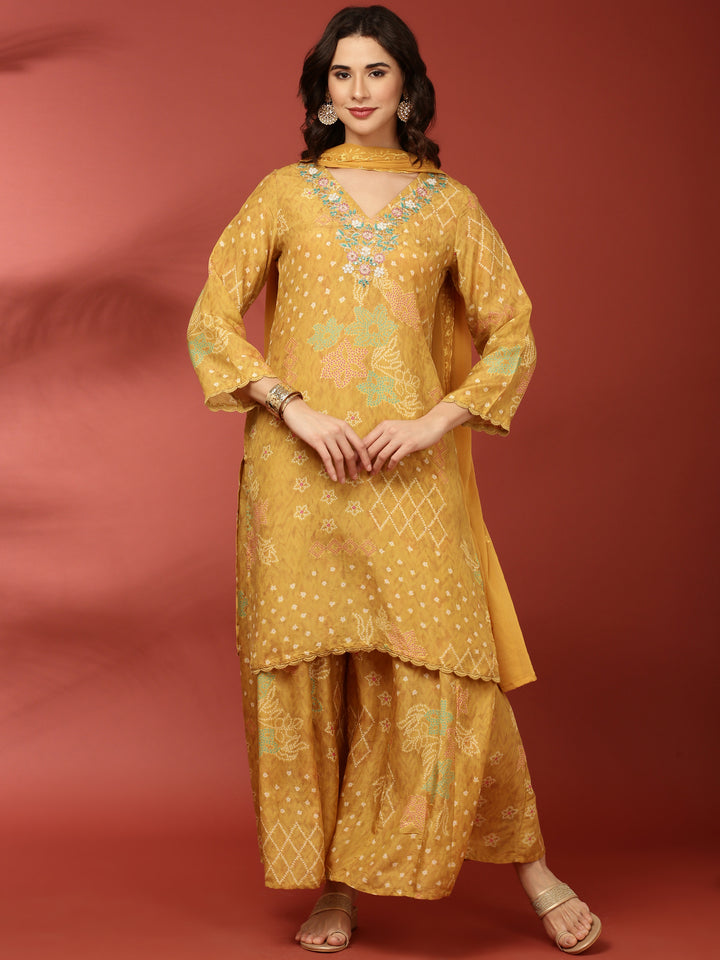 Mustard Crepe Printed Three Piece Set