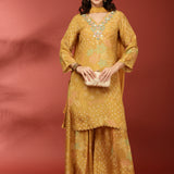Mustard Crepe Printed Three Piece Set