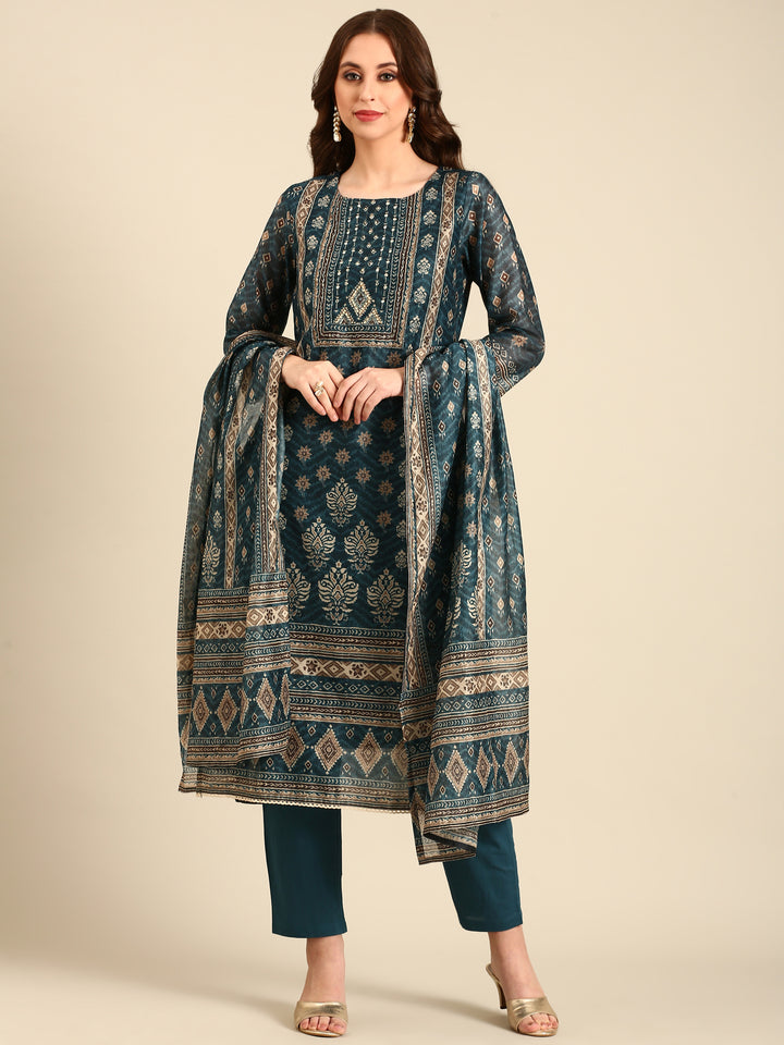 Teal printed three piece suit set