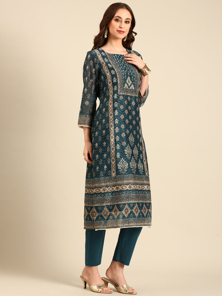 Teal printed three piece suit set