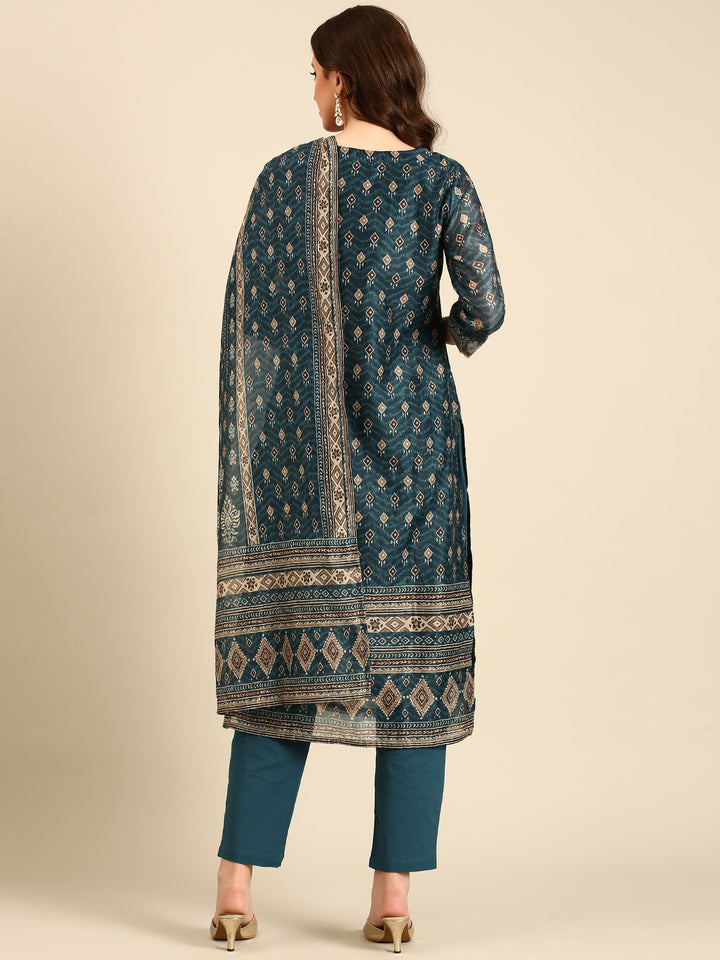 Teal printed three piece suit set