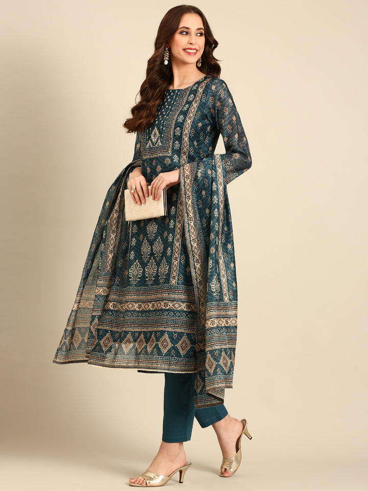 Teal printed three piece suit set