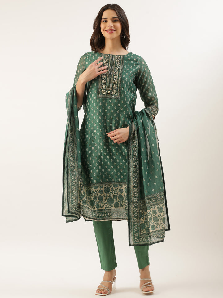 Green Organza Printed Three Piece Suit Set