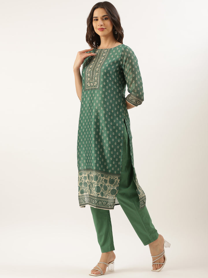Green Organza Printed Three Piece Suit Set