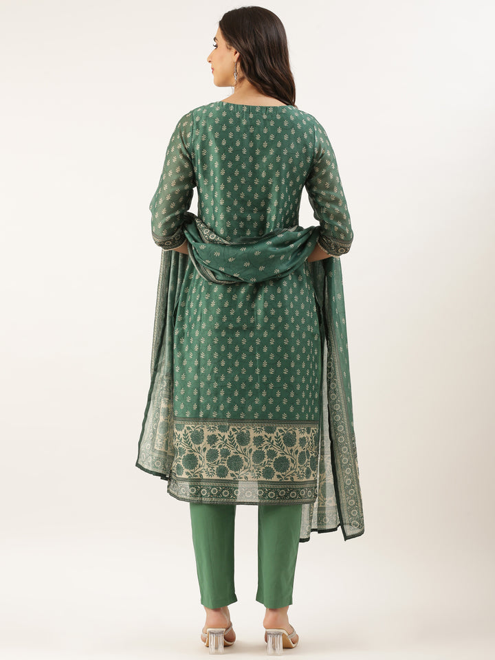 Green Organza Printed Three Piece Suit Set