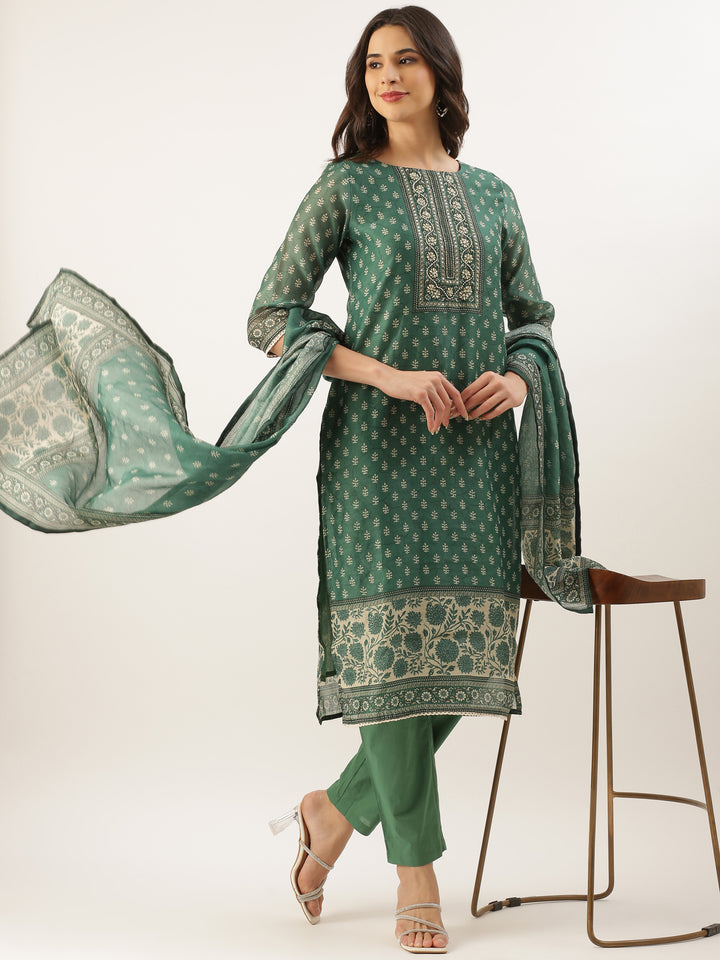 Green Organza Printed Three Piece Suit Set