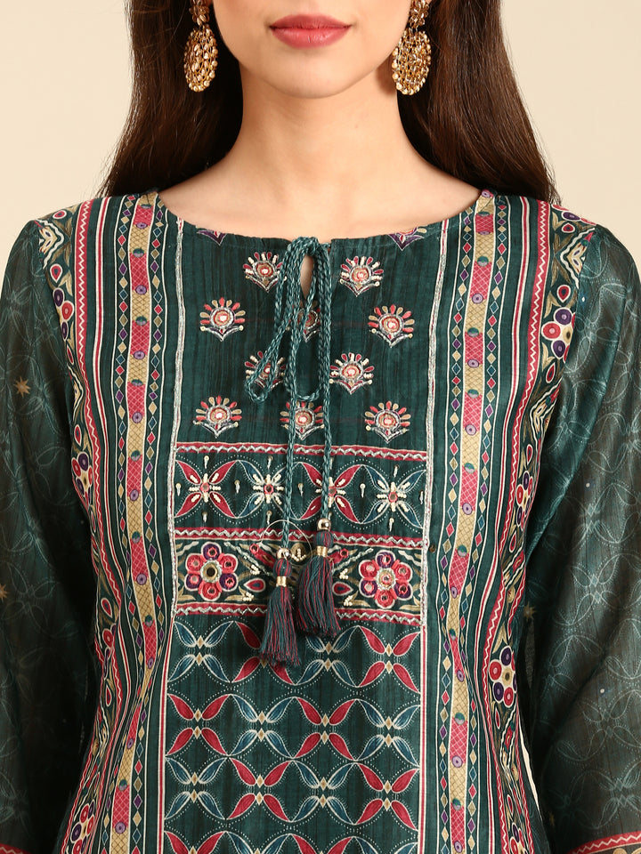 Bottle Green Suit set with Organza duppatta