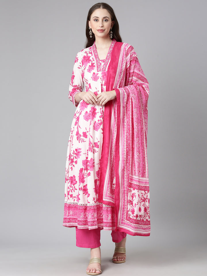 Neerus Pink Solid Anarkali Kurta and Trousers With Dupatta