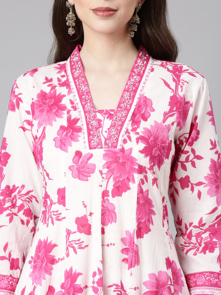 Neerus Pink Solid Anarkali Kurta and Trousers With Dupatta