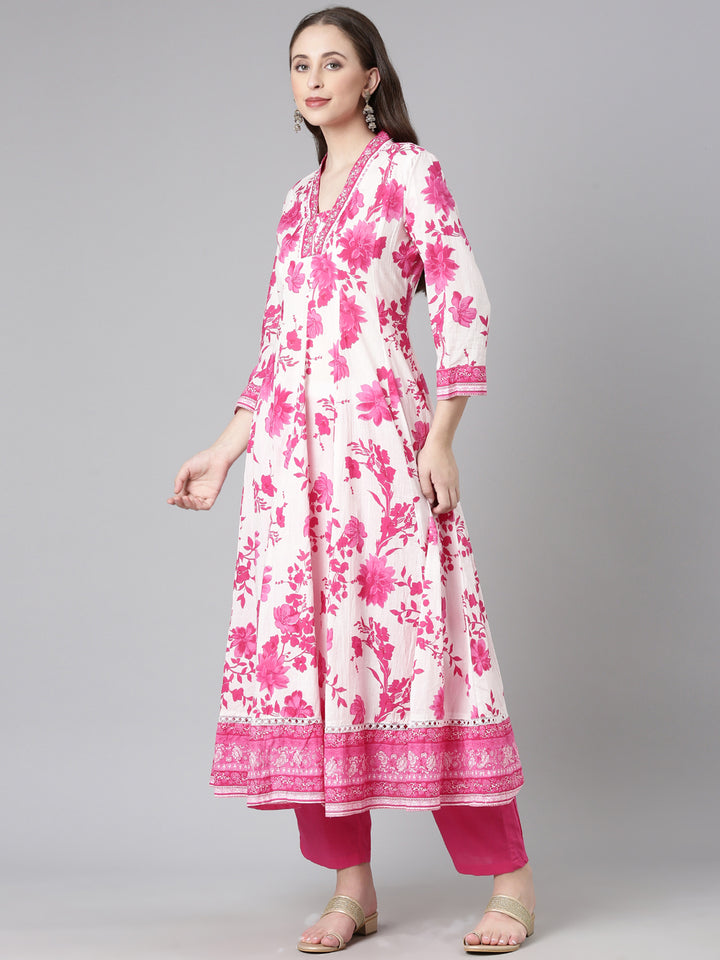 Neerus Pink Solid Anarkali Kurta and Trousers With Dupatta