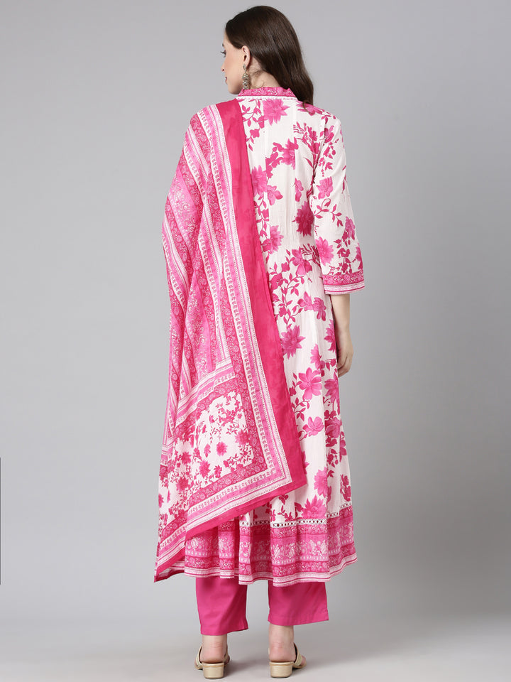 Neerus Pink Solid Anarkali Kurta and Trousers With Dupatta