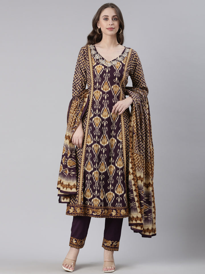 Neerus Purple Printed Straight Kurta and Trousers With Dupatta