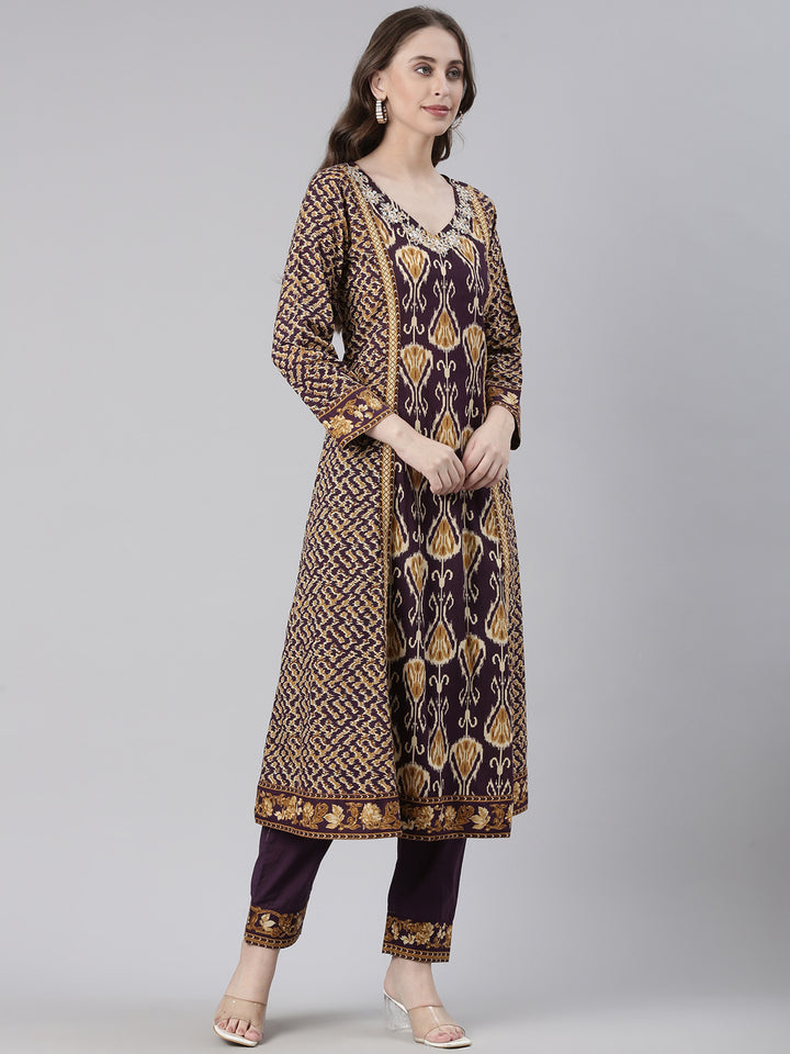 Neerus Purple Printed Straight Kurta and Trousers With Dupatta