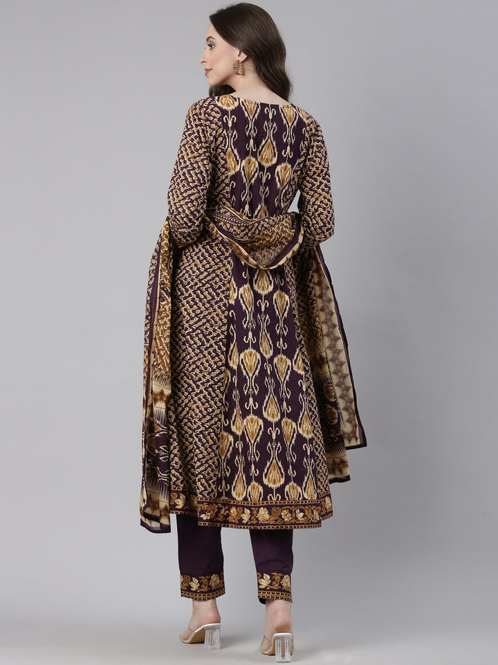 Neerus Purple Printed Straight Kurta and Trousers With Dupatta