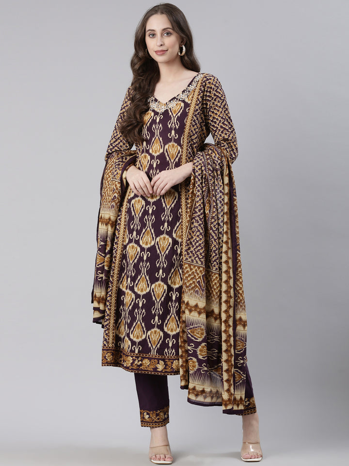 Neerus Purple Printed Straight Kurta and Trousers With Dupatta