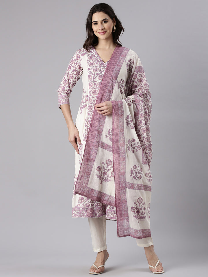 Purple Cotton Printed Anarkali Three Piece Set