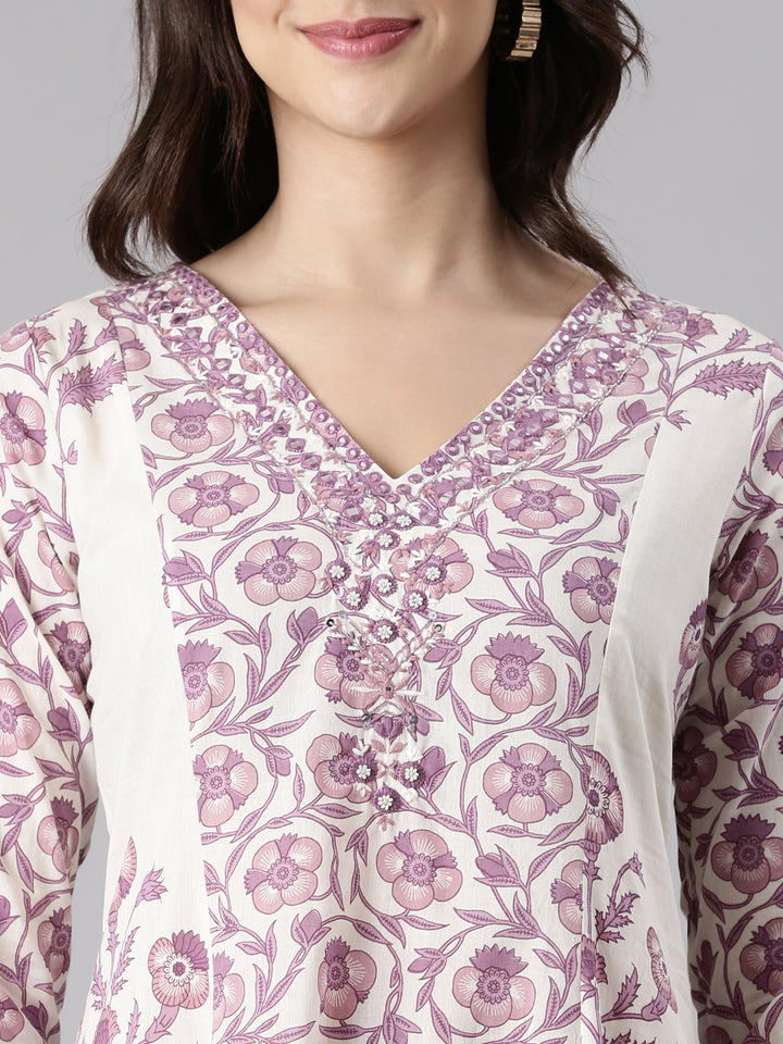 Purple Cotton Printed Anarkali Three Piece Set