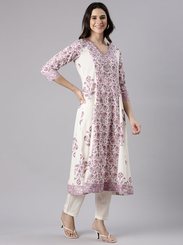 Purple Cotton Printed Anarkali Three Piece Set