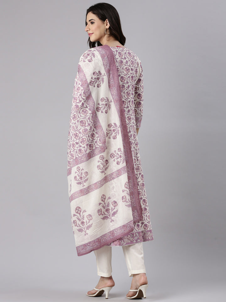 Purple Cotton Printed Anarkali Three Piece Set