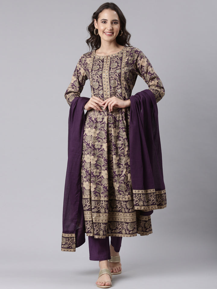 Purple Cotton Printed Anarkali Three Piece Set