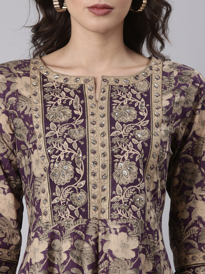 Purple Cotton Printed Anarkali Three Piece Set