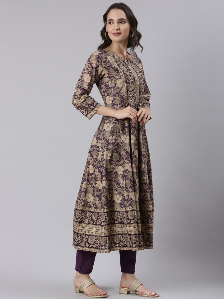 Purple Cotton Printed Anarkali Three Piece Set