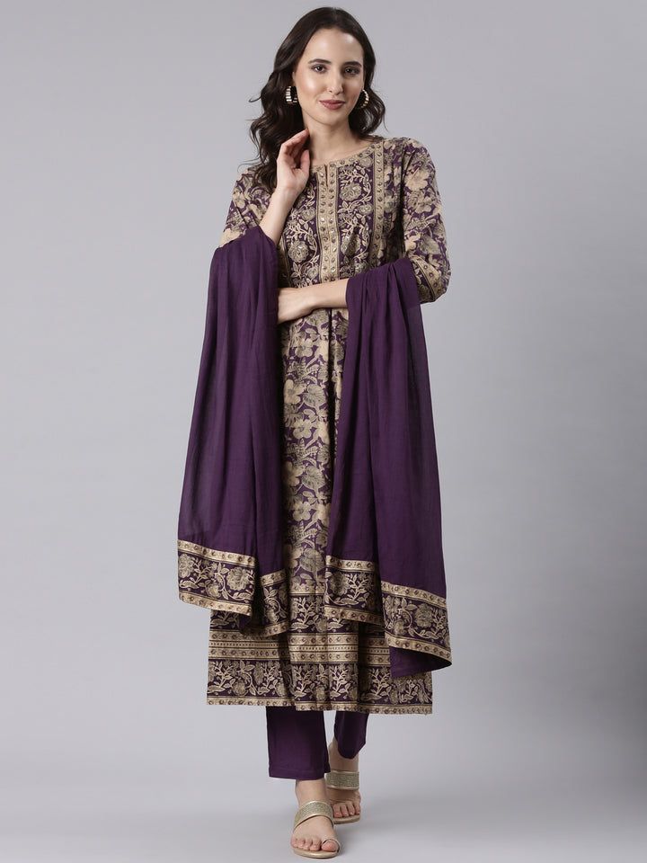 Purple Cotton Printed Anarkali Three Piece Set
