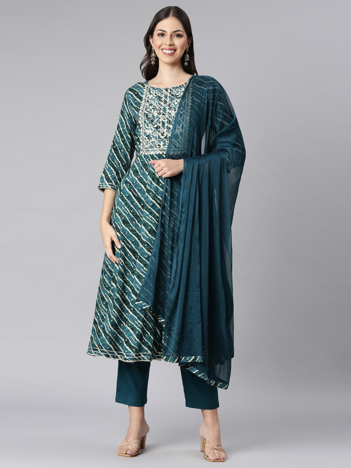 Neerus Green Printed Anarkali Kurta and Trousers With Dupatta